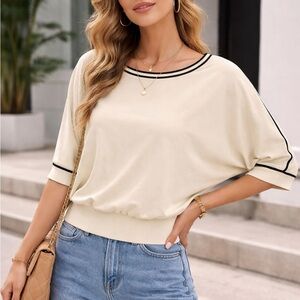 Premise Ivory Short Sleeve Top with Black Trim